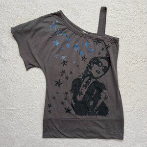 Grey One-Shoulder Graphic Print Top